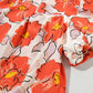 Orange Floral Bubble Sleeve Frill Neck Loose Blouse