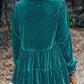 Sea Green Velvet V Neck Peplum Hem Puff Sleeve Blouse