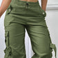 Plain Side Pockets Active Cargo Pants Casual Strechy Waist Straight Leg Cuffed Pants