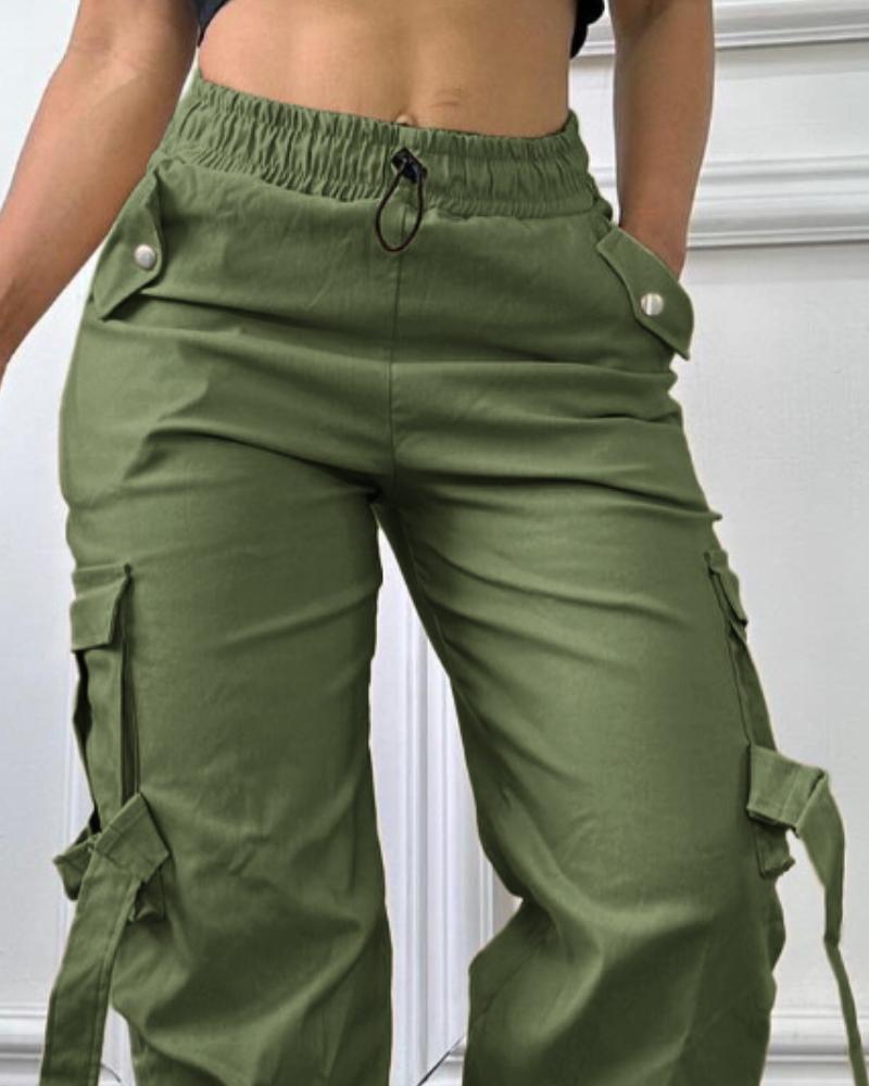 Plain Side Pockets Active Cargo Pants Casual Strechy Waist Straight Leg Cuffed Pants
