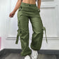 Plain Side Pockets Active Cargo Pants Casual Strechy Waist Straight Leg Cuffed Pants