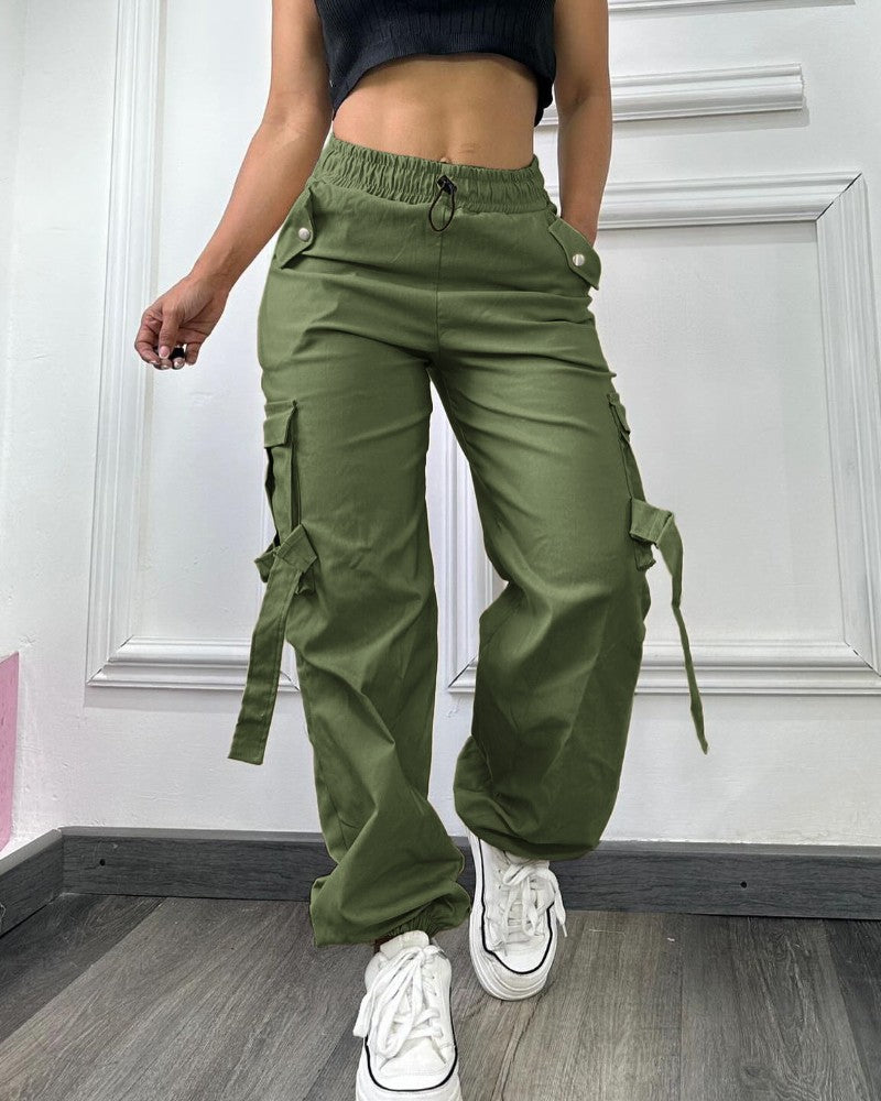 Plain Side Pockets Active Cargo Pants Casual Strechy Waist Straight Leg Cuffed Pants