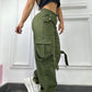 Plain Side Pockets Active Cargo Pants Casual Strechy Waist Straight Leg Cuffed Pants