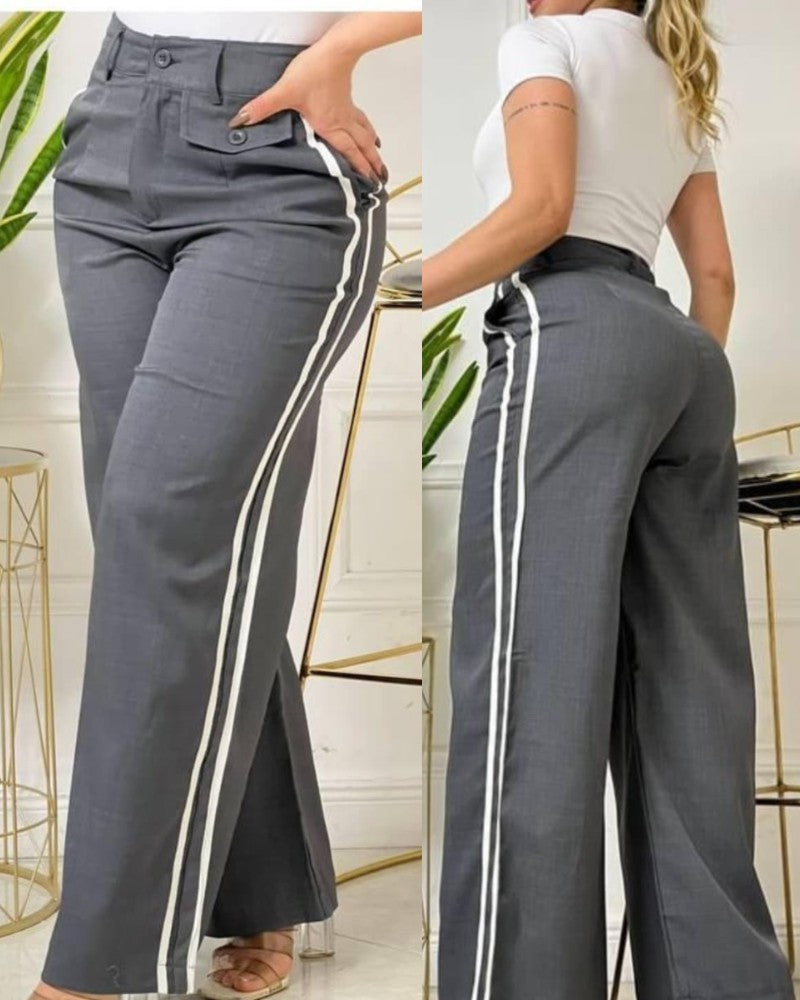 Side Striped Webbing High Waist Casual Pants Pocket Design Wide Leg Work Pants