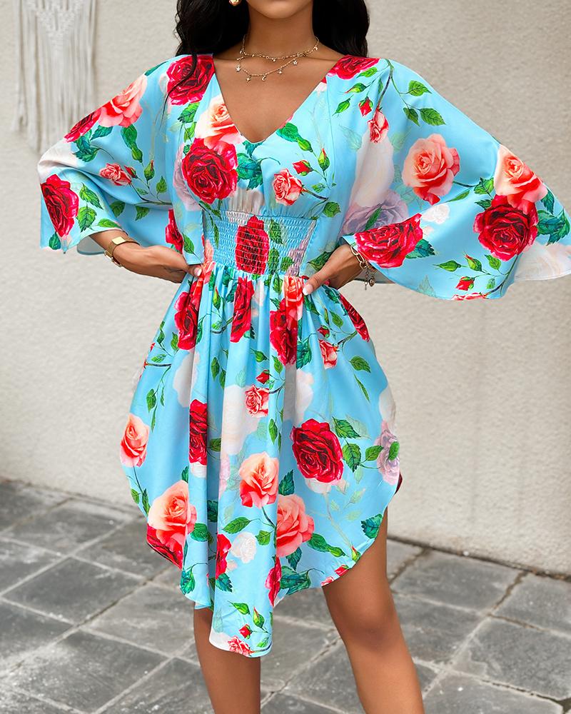 Floral Print Shirred V Neck Dress