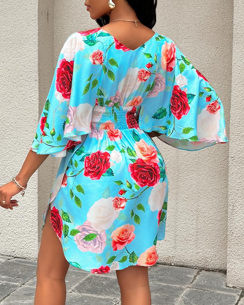 Floral Print Shirred V Neck Dress