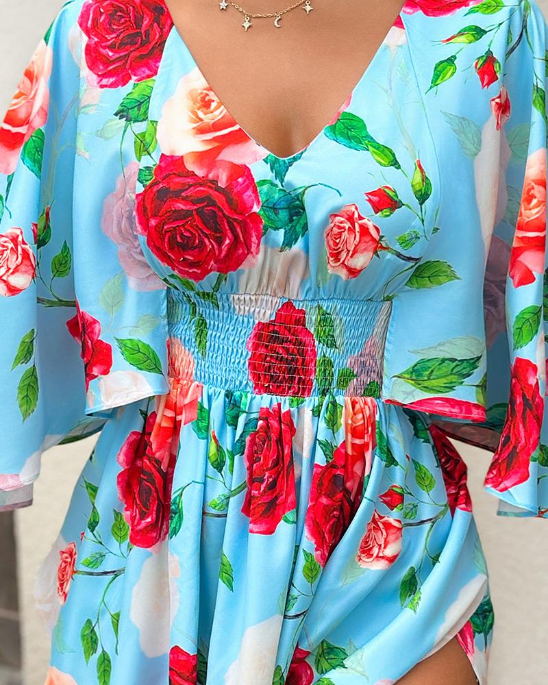 Floral Print Shirred V Neck Dress