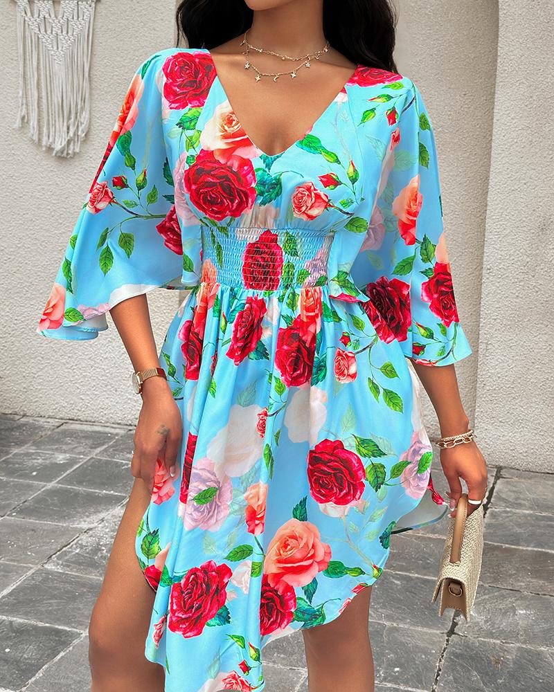Floral Print Shirred V Neck Dress
