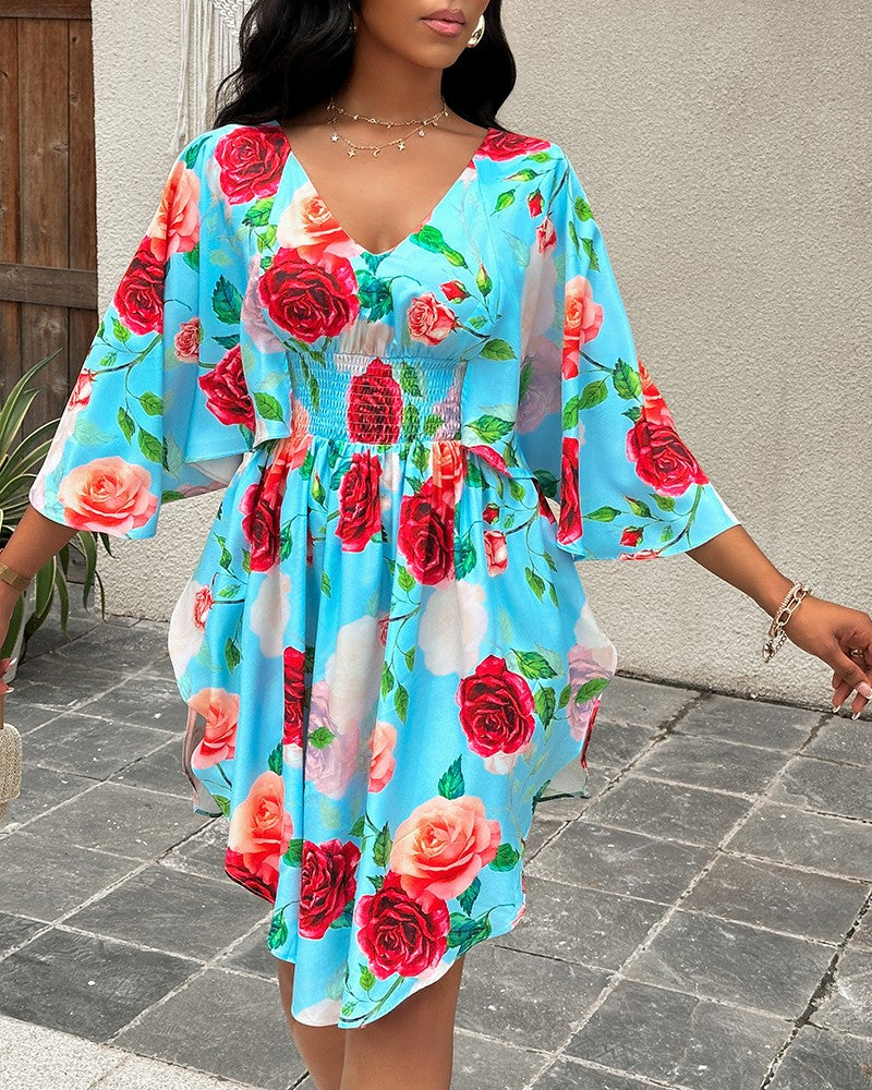 Floral Print Shirred V Neck Dress
