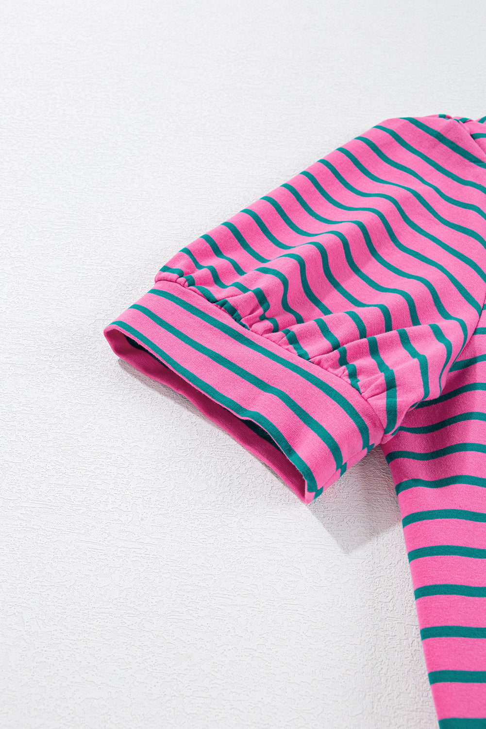 Rose Stripe Collared V Neck Puff Sleeve Shift T Shirt Dress with Pockets