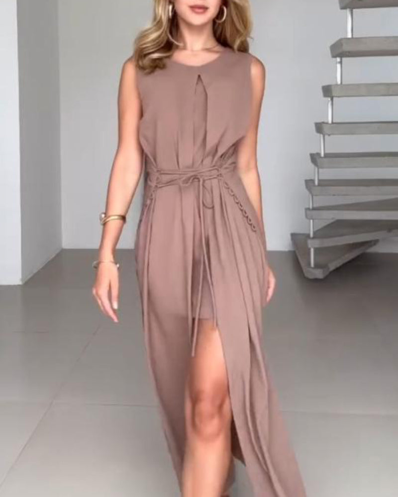 Sleeveless Tied Detail Mini Dress Casual Waist Lace Up Dress