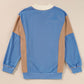 Sky Blue Ribbed Detail Color Block Sleeve Baggy Sweatshirt