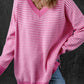 Pink Striped Scallop V Neck Loose Sweater with Slits