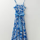 Blue Floral Printed Spaghetti Strap Maxi Dress with Waist Tie