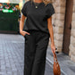 Black Solid Color Textured Short Sleeve Top and Casual Pants Set