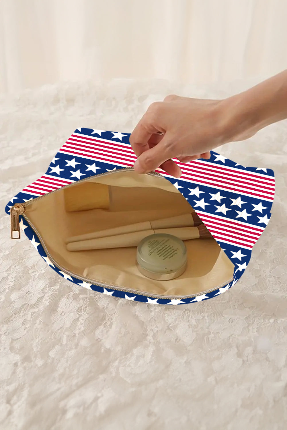 Ivy American Flag Print Zipper Large Cosmetic Bag