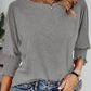 Round Neck Three Quarters Shirred Lantern Sleeve Softy T Shirt Casual Tee