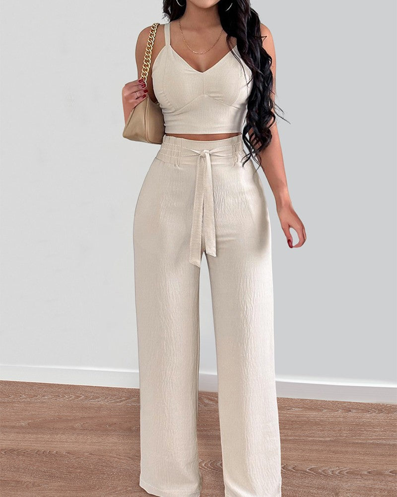 Shirred Crop Top & Pocket Design Wide Leg Pants Set