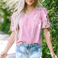 Pink Floral Embroidered Puff Sleeve Split Neck Blouse