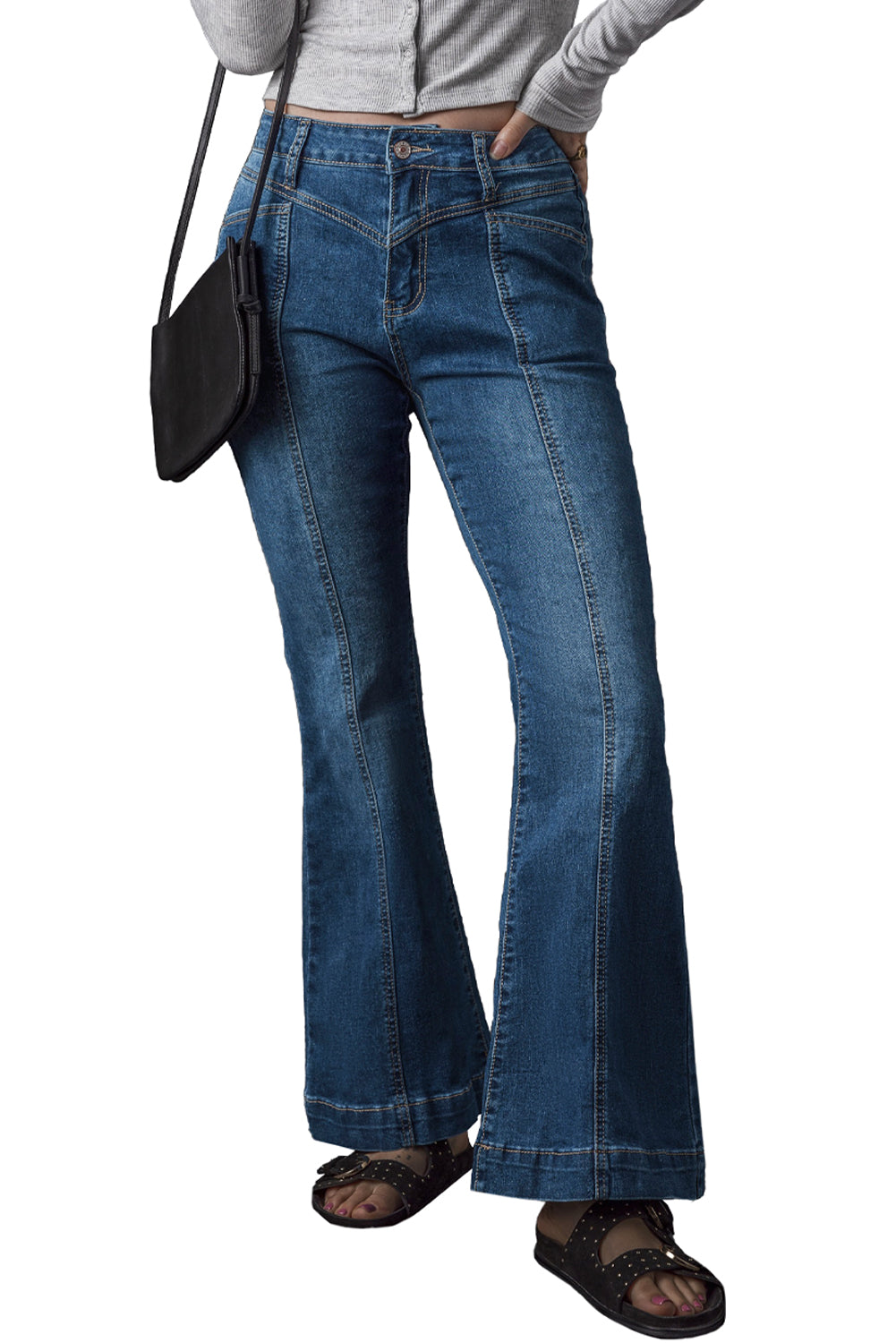 Blue High Waist Seam Stitching Pocket Flare Jeans