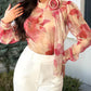 Ombre Floral Print Gigot Sleeve Blouse Casual High Neck 3D Flower Decor Elegant Top