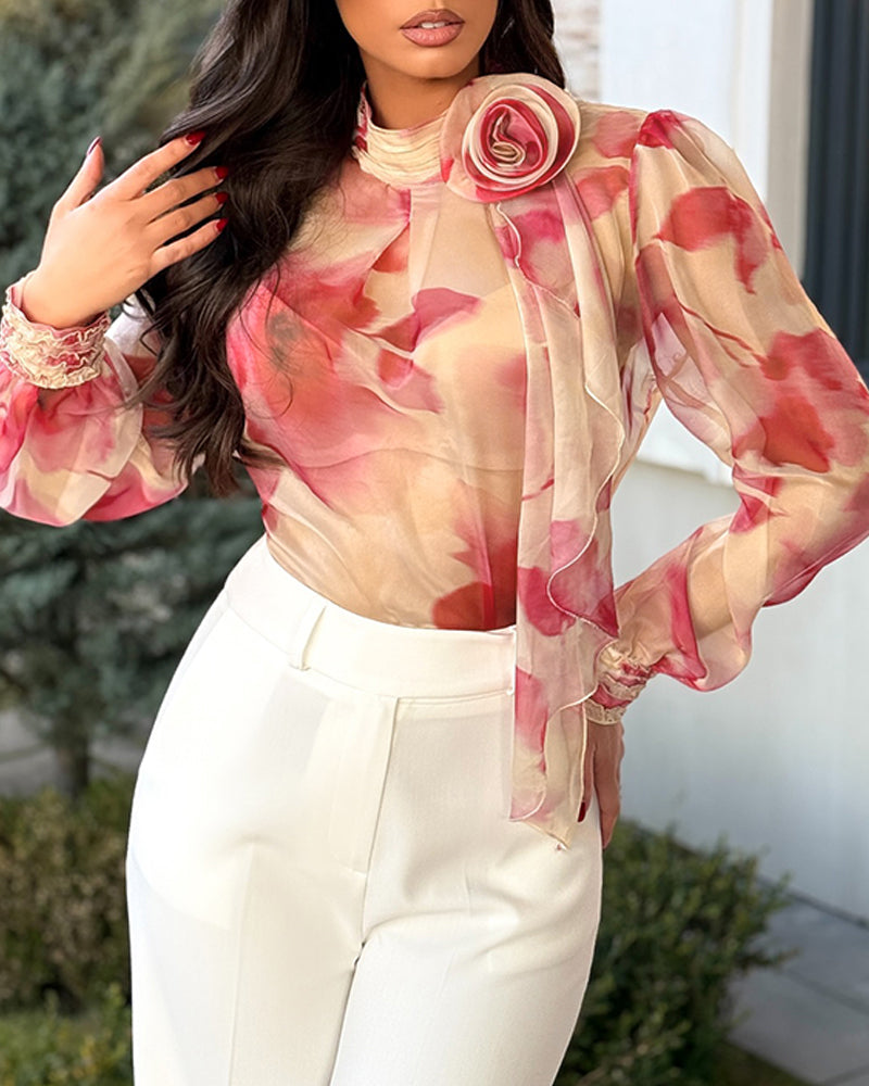 Ombre Floral Print Gigot Sleeve Blouse Casual High Neck 3D Flower Decor Elegant Top