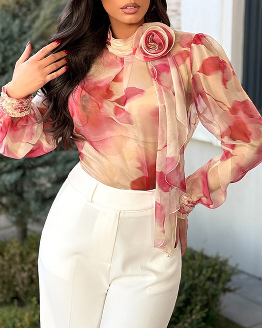 Ombre Floral Print Gigot Sleeve Blouse Casual High Neck 3D Flower Decor Elegant Top