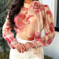 Ombre Floral Print Gigot Sleeve Blouse Casual High Neck 3D Flower Decor Elegant Top