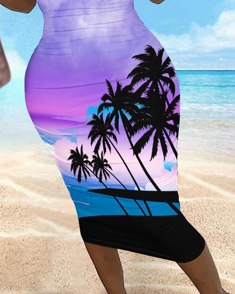 Tropical Landscape Print Bodycon Dress