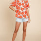 Orange Floral Bubble Sleeve Frill Neck Loose Blouse