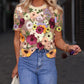 3D Flower Embroidery Sheer Mesh Short Sleeve T Shirt Casual Sim Fit Top