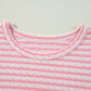Pink Stripe Textured Puff Sleeve Crewneck Top