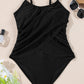 Black Beaded Spaghetti Straps Ruched Overlapped Colorblock One Piece Swimsuit