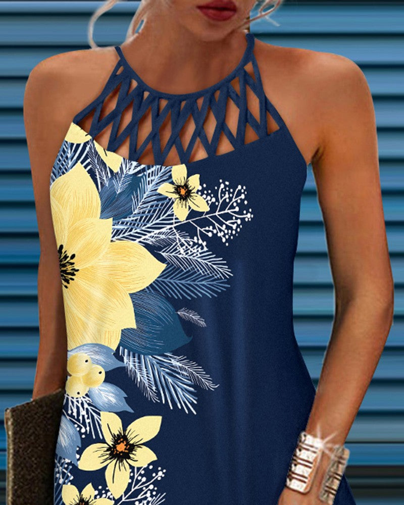 Rose Print Hollow Out Casual Dress