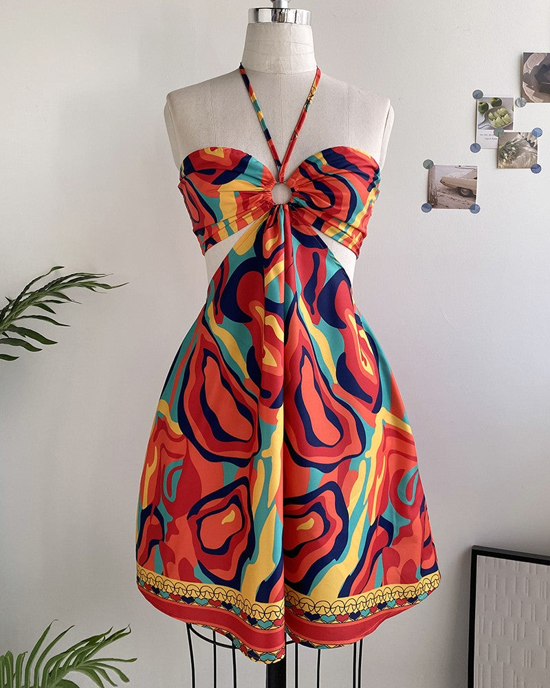 Floral Print Halter Tied Detail Elastic Shirred Back Mini Dress Casual A Line Dress