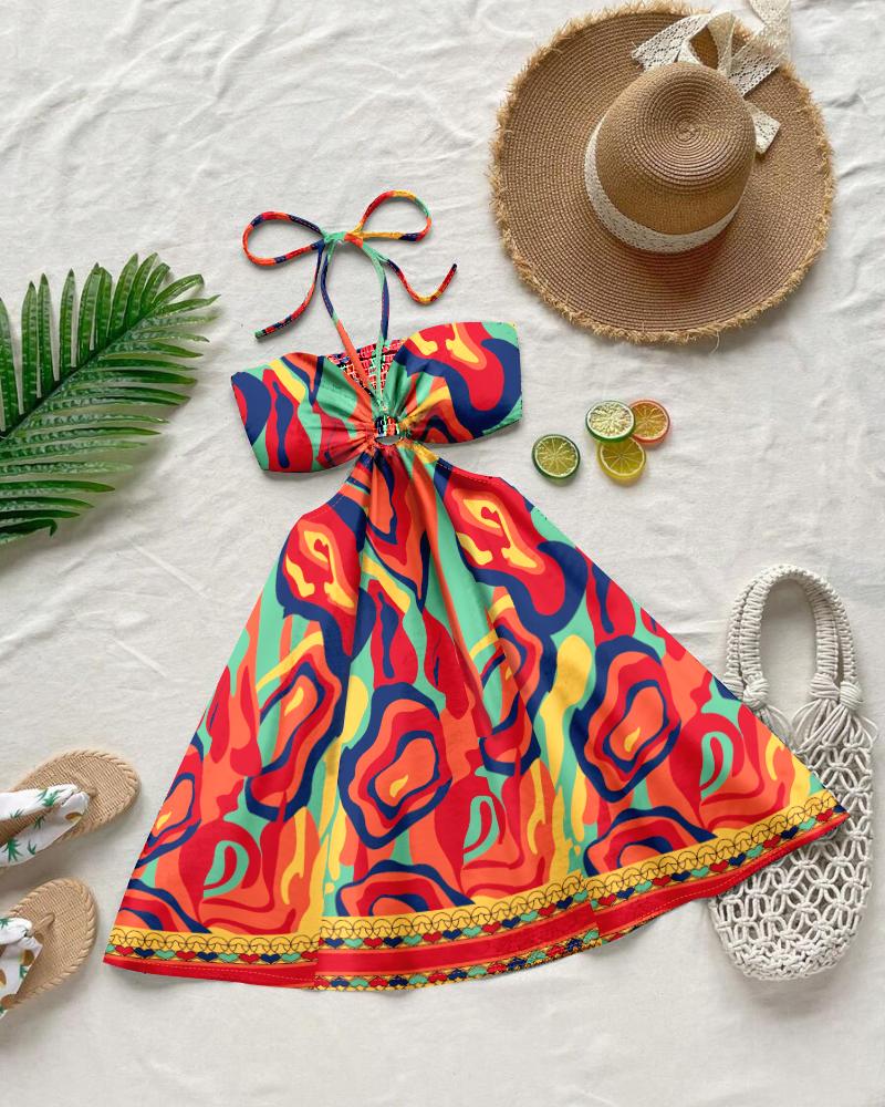 Floral Print Halter Tied Detail Elastic Shirred Back Mini Dress Casual Hollow Out A Line Vacation Dress