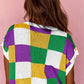 Tillandsia Purple Sequin Doughnut Graphic Colorblock Checkered Short Sleeve Sweater