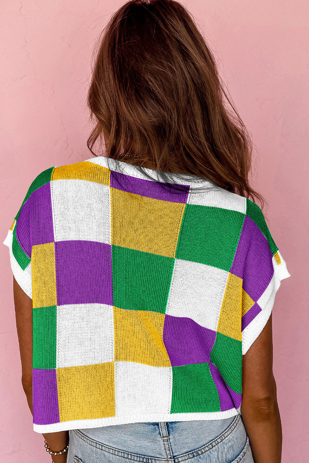 Tillandsia Purple Sequin Doughnut Graphic Colorblock Checkered Short Sleeve Sweater