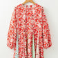 Red Colorful Floral Patchwork Long Sleeve Pleated Mini Dress