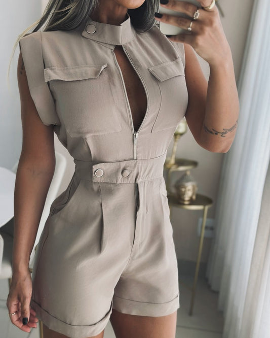Round Neck Sleeveless Ruched Romper Zipper Pocket Design Jumpsuit