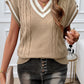 Light French Beige Colorblock V Neck Cap Sleeve Cable Knit Sweater