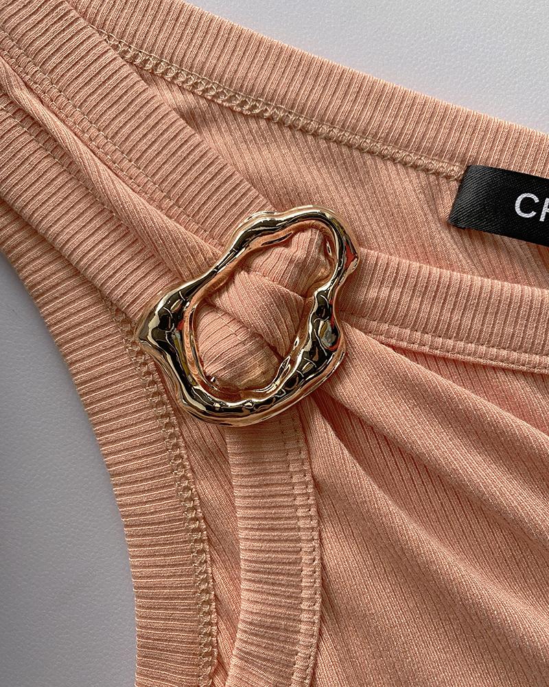 One Shoulder Goldren Decor Casual Slim Fit Ribbed Top