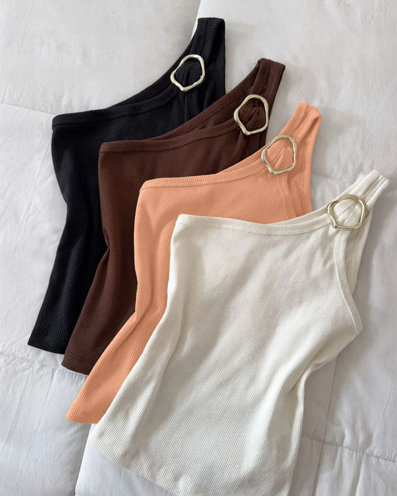 One Shoulder Goldren Decor Casual Slim Fit Ribbed Top