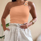 One Shoulder Goldren Decor Casual Slim Fit Ribbed Top