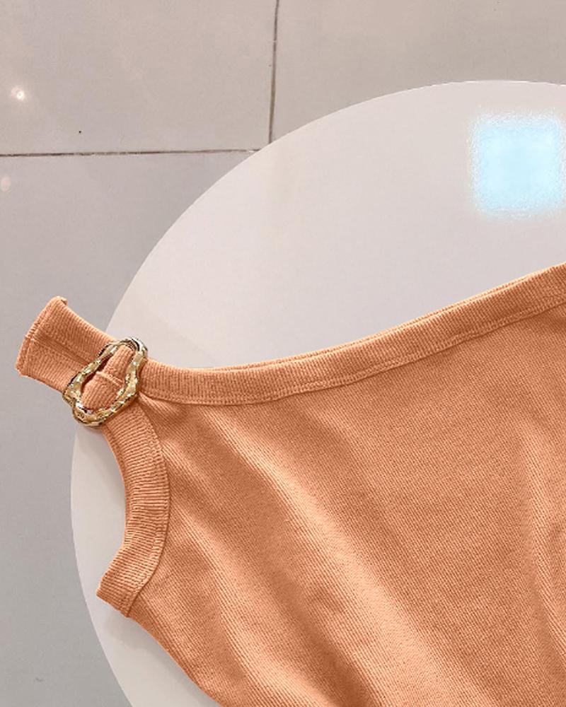 One Shoulder Goldren Decor Casual Slim Fit Ribbed Top
