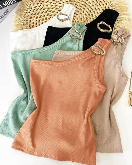 One Shoulder Goldren Decor Casual Slim Fit Ribbed Top