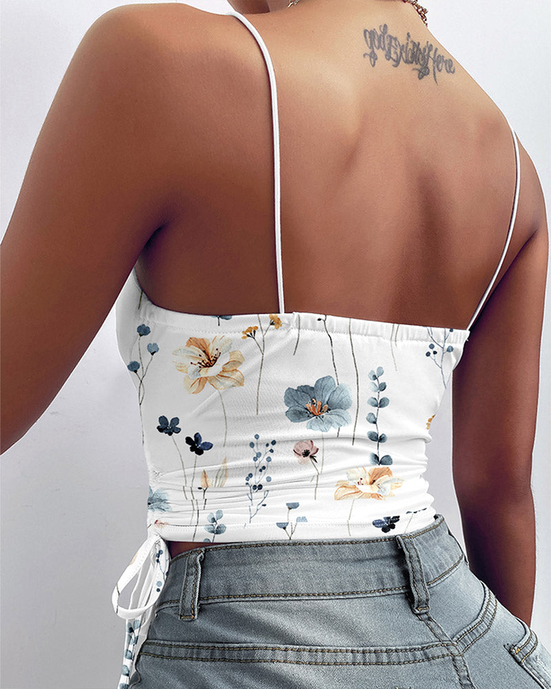 Floral Plants Print Drawstring Cowl Neck Cami Top