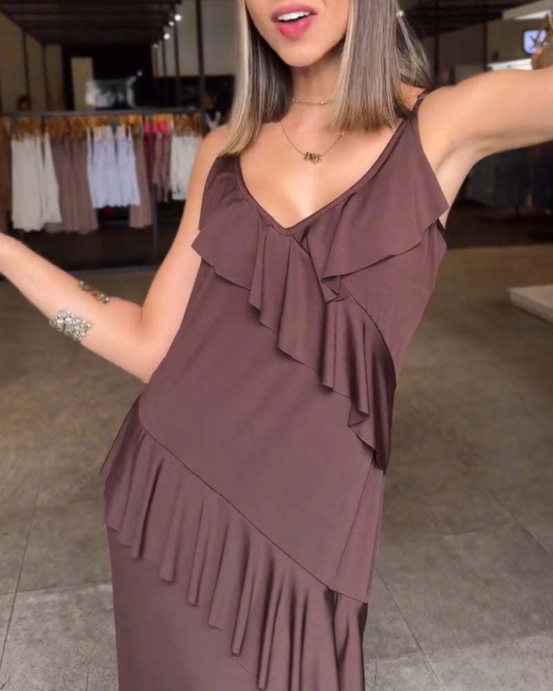 V Neck Adjustable Spaghetti Strap Multi layer Ruffles Slit Maxi Dress(Without Belt)