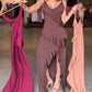 V Neck Adjustable Spaghetti Strap Multi layer Ruffles Slit Maxi Dress(Without Belt)