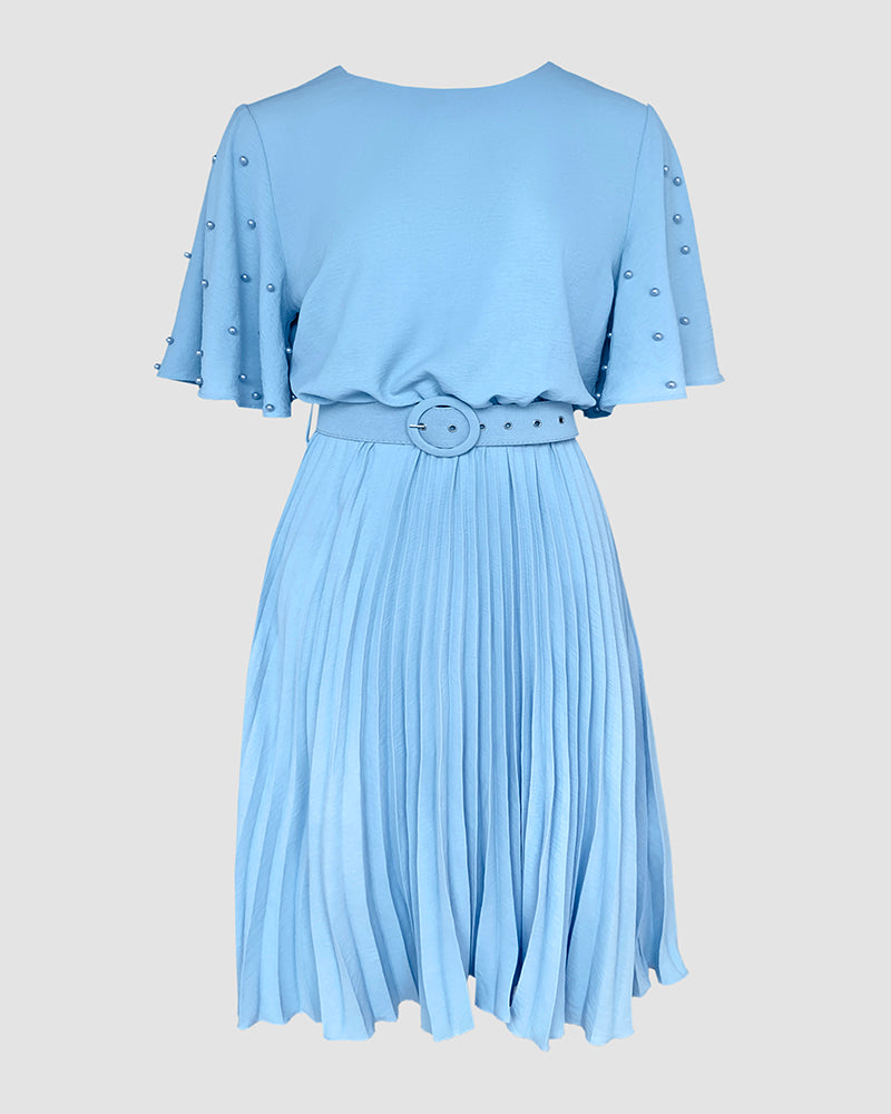 Pearl Decor Short Sleeve Ruched Waist Pleated Dress with Belt